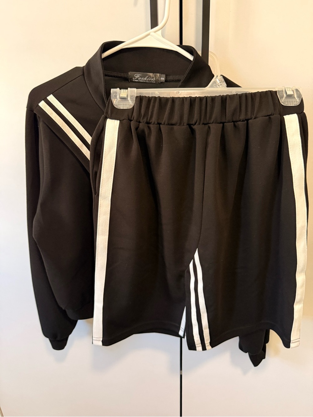 Black Track Jacket and Skirt Set with White Stripes